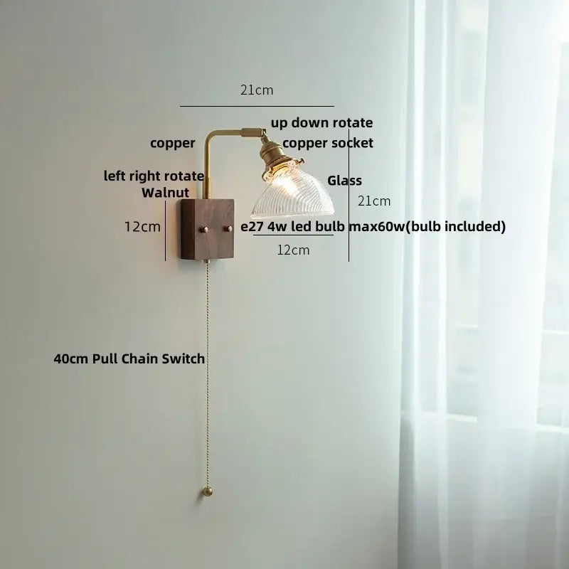DecorBites amber glass wall sconce with walnut wood and copper accents for living room lighting with pull chain switch