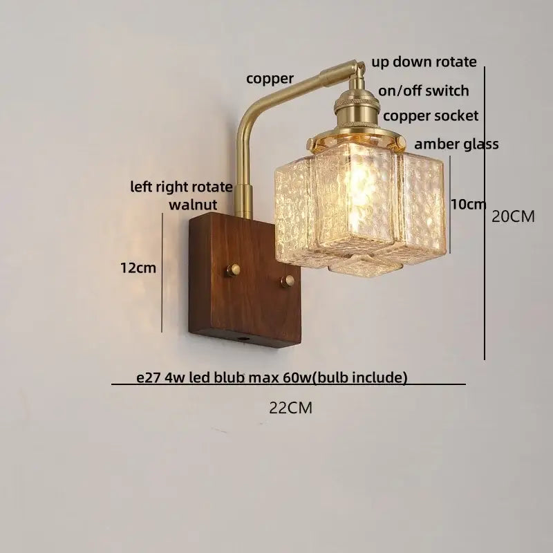 DecorBites amber glass wall sconce with walnut wood base and brass copper arm for living room lighting