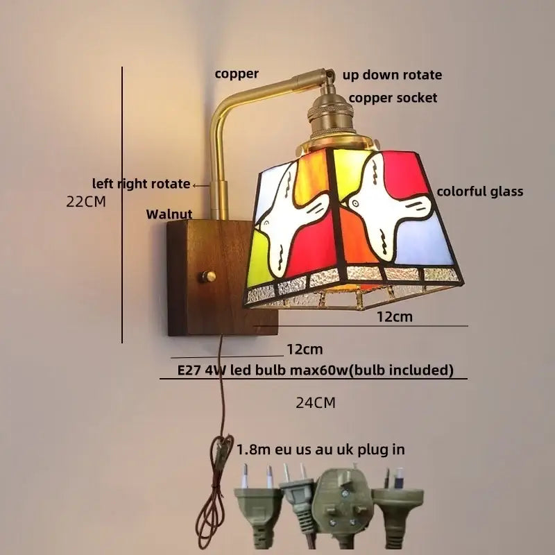 DecorBites amber glass wall sconce with walnut wood and copper finish featuring stained glass birds shade