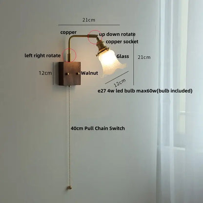 Decorbites amber glass wall sconce with copper finish walnut wood base glass lampshade and pull chain switch