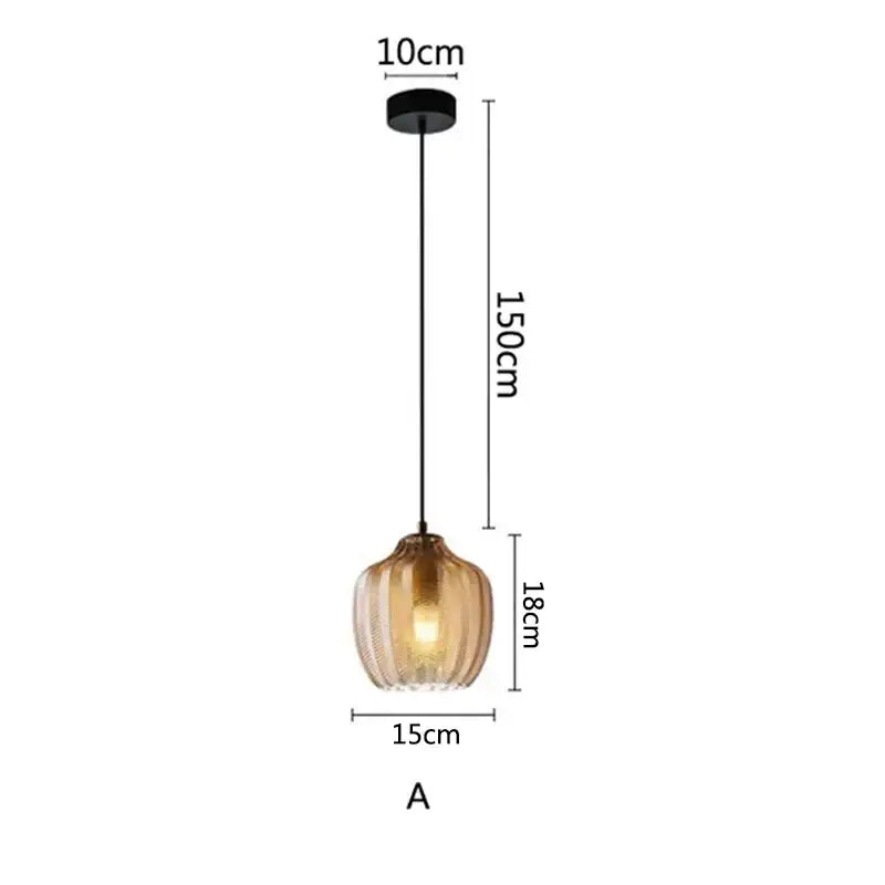A warm-toned ribbed decorbites amber glass pendant light with black metal chain for kitchen and bedroom use