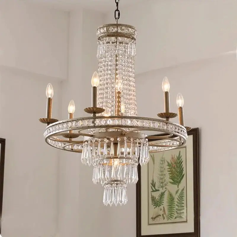 Antique brass crystal chandelier with cascading droplets and candle bulbs for dining room by Decorbites American Country