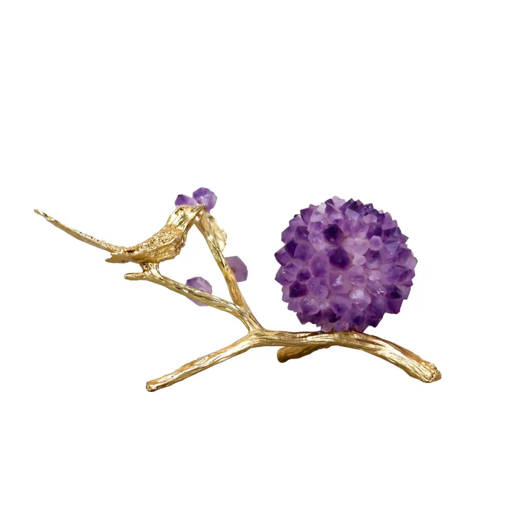 Golden branch amethyst flower ball bird sculpture with purple crystals for elegant desk decoration by DecorBites