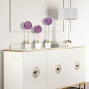 Decorbites amethyst flower metal sculpture features three elegant purple hydrangea pom-poms on gold stems in white marble bases