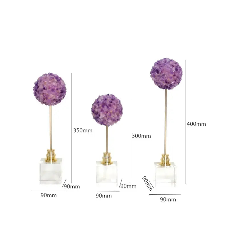 DecorBites amethyst flower metal sculpture with purple geode orbs on gold-toned stems and clear acrylic bases