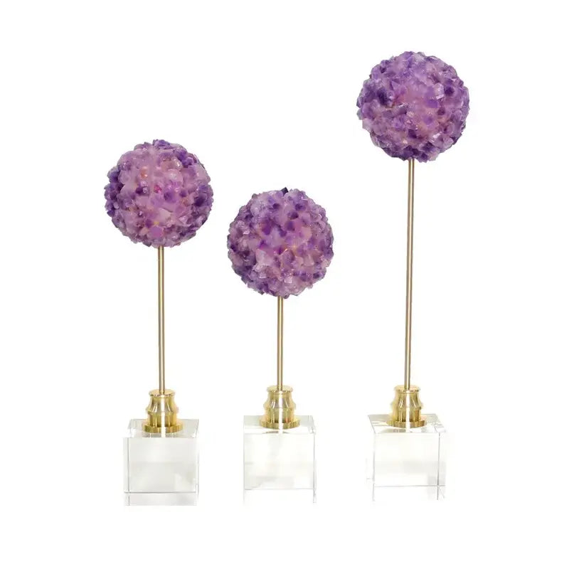 Decorbites amethyst flower metal sculpture featuring purple amethyst orbs on gold stems with clear acrylic bases
