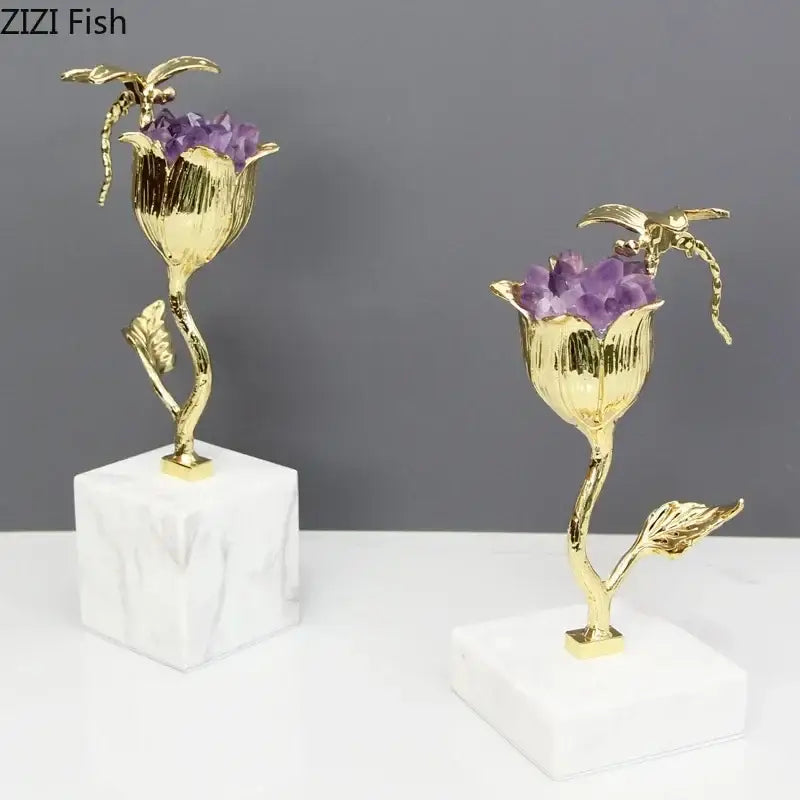 Decorbites™ amethyst flower ornaments with gold-plated dragonfly decor sculpture featuring purple amethyst centers on marble bases