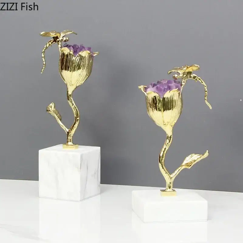 Gold-plated amethyst flower ornaments with purple crystal centers and dragonfly decor sculpture on white marble bases