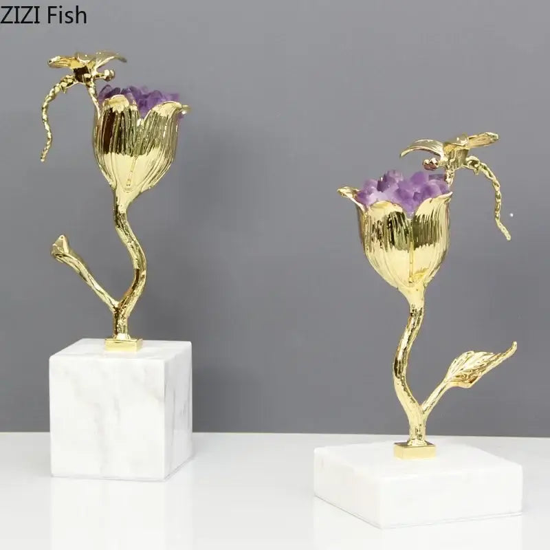 Gold-plated dragonfly decor sculpture featuring amethyst flower ornaments with purple crystals on white marble bases