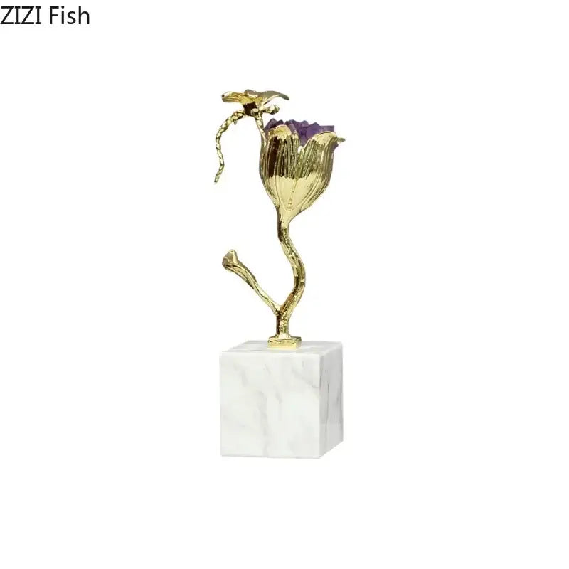 Gold-plated dragonfly decor sculpture featuring amethyst flower ornaments with a purple amethyst centerpiece on white marble base