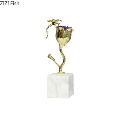 Gold-plated dragonfly decor sculpture featuring amethyst flower ornaments with a purple amethyst centerpiece on white marble base