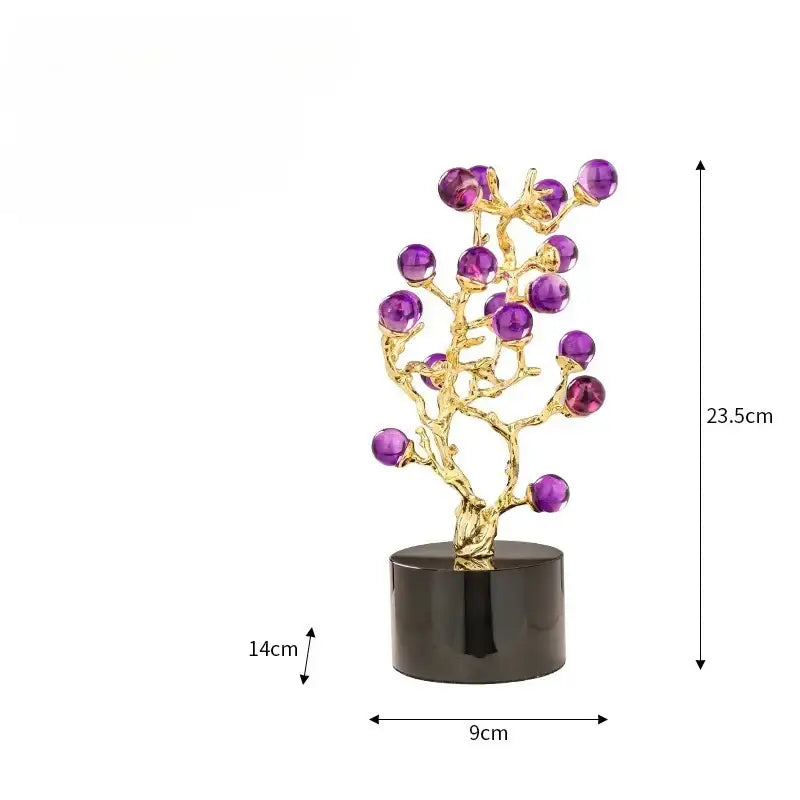 DecorBites™ amethyst tree metal grapevine statue with golden branches and purple gemstone orbs for elegant home decor