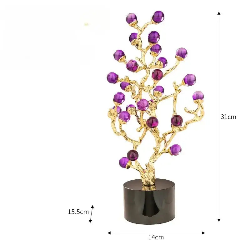 Golden amethyst tree metal grapevine statue adorned with faceted purple gemstones on a sleek black base for home decor