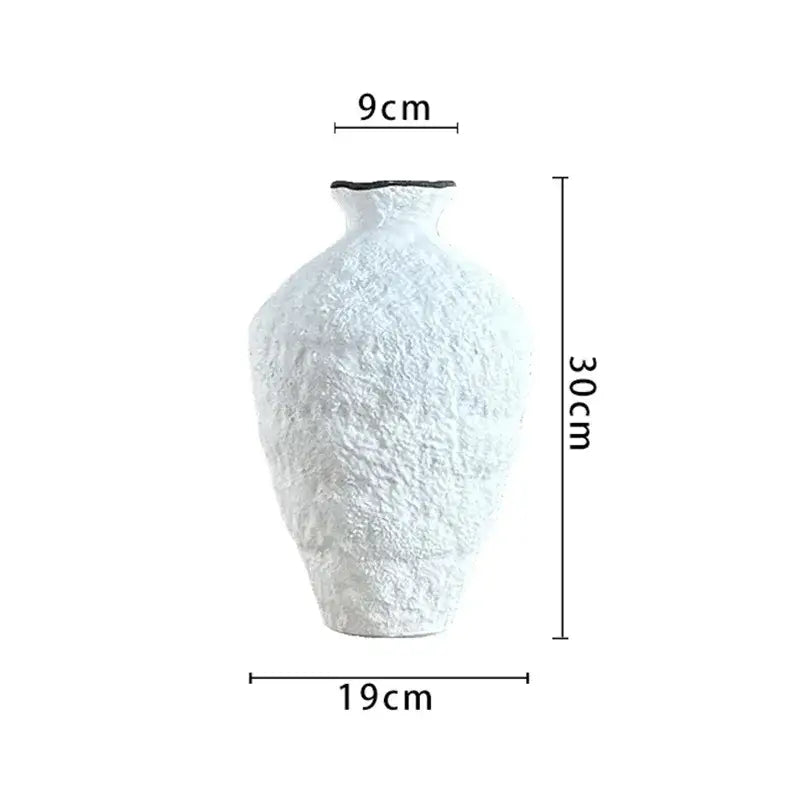 A white textured ceramic vase with a flared neck complements decorbites™ amethyst tree metal grapevine statue home decor