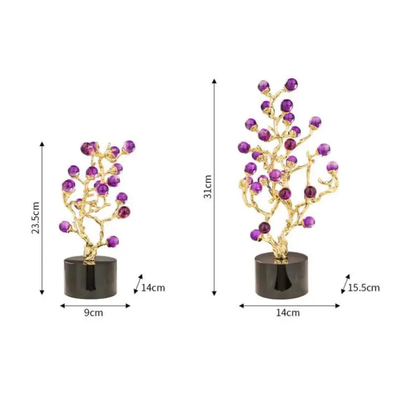 Golden amethyst tree metal grapevine statue with purple gemstone balls on black bases for elegant home decor