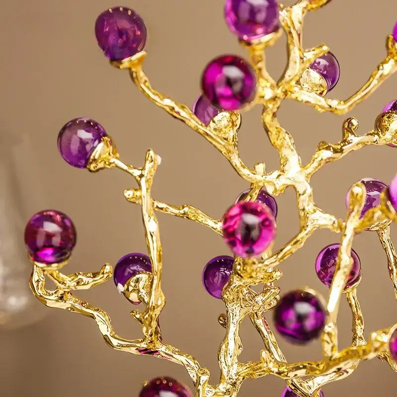 Golden amethyst tree metal grapevine statue adorned with faceted purple gemstones for elegant home decor