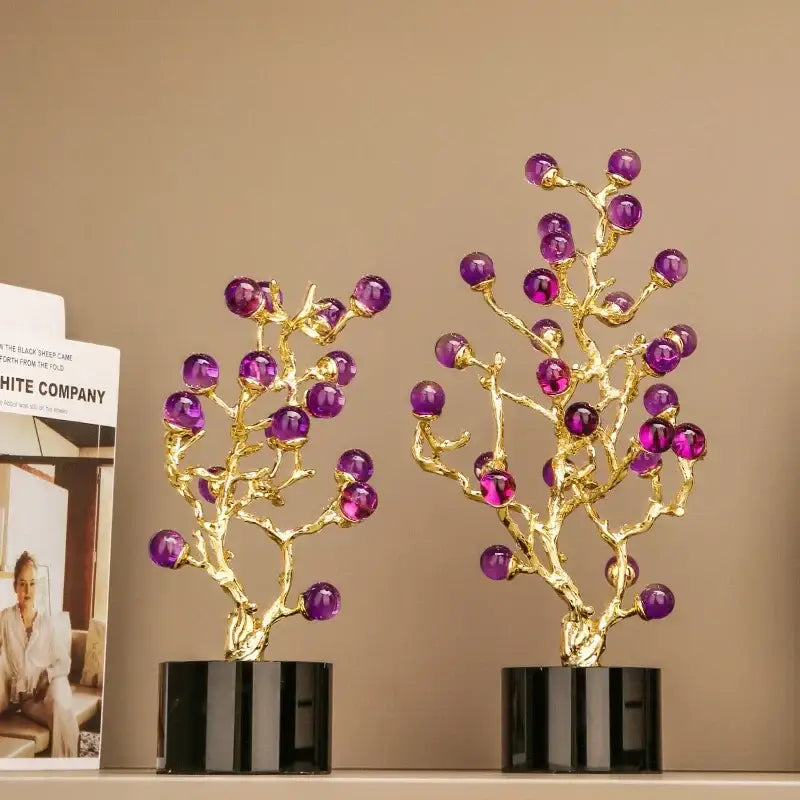 Decorbites™ amethyst tree metal grapevine statue with golden branches and purple glass orbs on black cylindrical base home decor