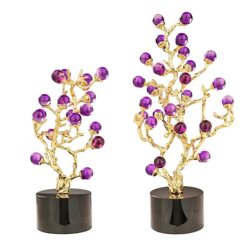 Golden amethyst tree metal grapevine statue with faceted purple gemstone orbs on black cylindrical bases for home decor