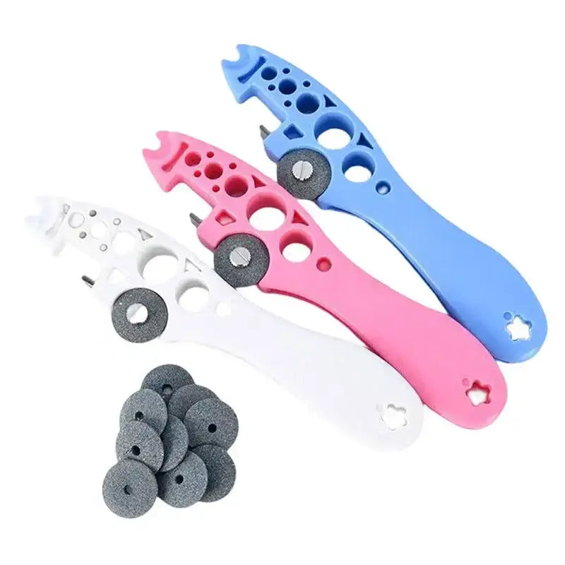 Decorbites™ ampoule opener nurse assistant tool with pink blue and white plastic bodies and gray abrasive discs