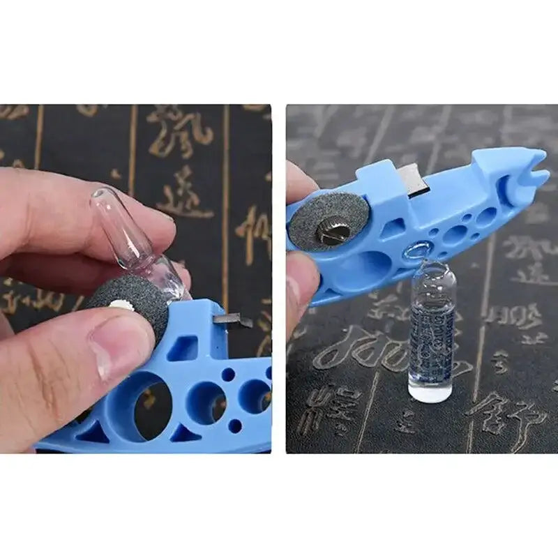 Blue plastic ampoule opener with abrasive wheel and adjustable clamp mechanism for easy nurse assistant tool use
