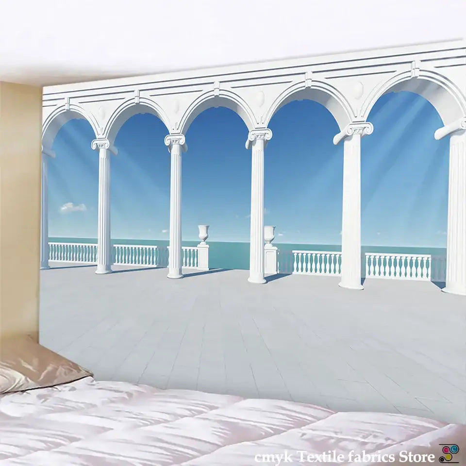 White arched colonnade ancient architecture tapestry wall hanging depicting a seaside terrace with classical columns and balustrades