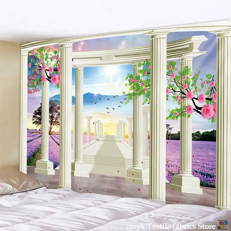 Beige fabric decorbites™ ancient architecture tapestry wall hanging depicting a classical colonnade and lavender field