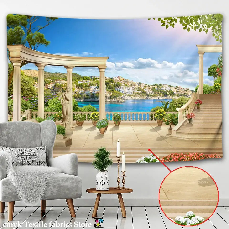 Beige and white decorbites ancient architecture tapestry wall hanging depicting a mediterranean terrace with coastal view