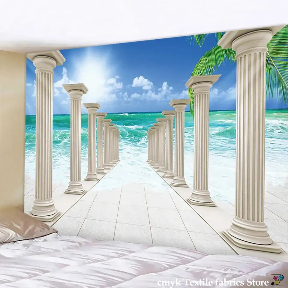 Beige DecorBites™ ancient architecture tapestry wall hanging featuring classical columns and tropical beach scene