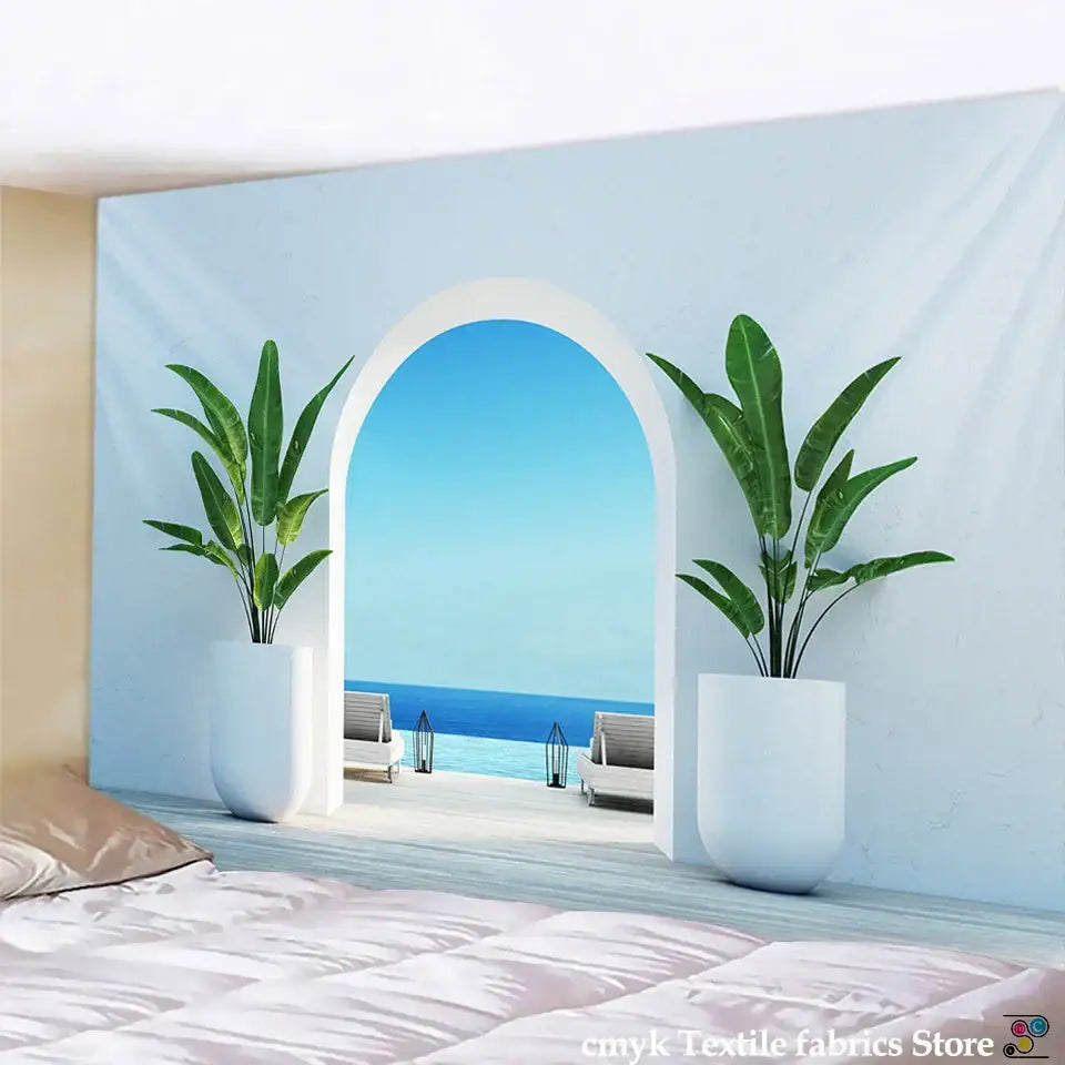 Light blue DecorBites ancient architecture tapestry with white arched doorway and green plants for tapestry wall hanging