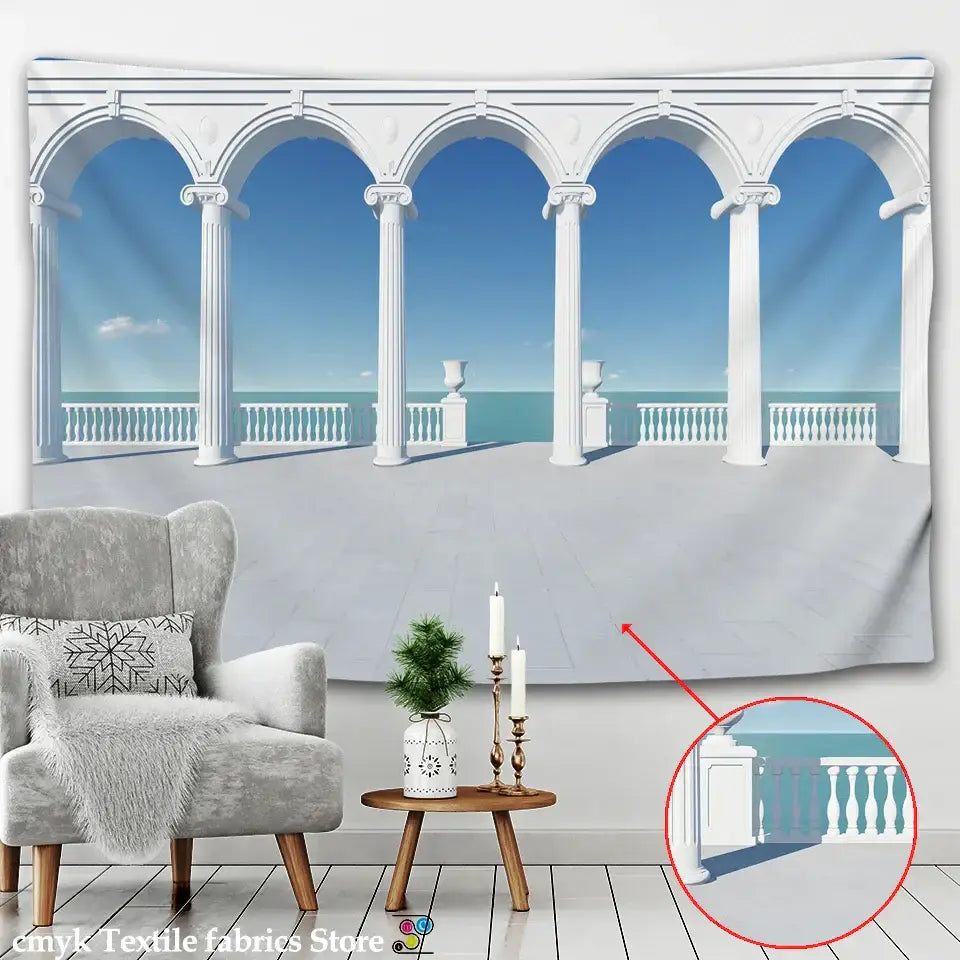 White arched colonnade ancient architecture tapestry wall hanging depicting a seaside pavilion scene for home decor