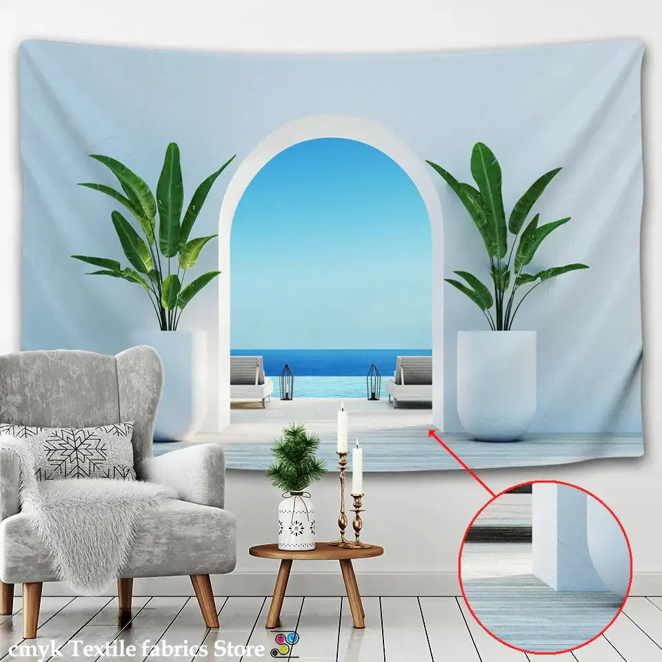 A light blue decorbites™ ancient architecture tapestry wall hanging featuring an arched doorway ocean view scene