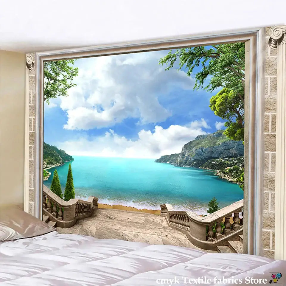 A framed DecorBites™ ancient architecture tapestry wall hanging featuring a scenic coastal view with turquoise water and stone staircases