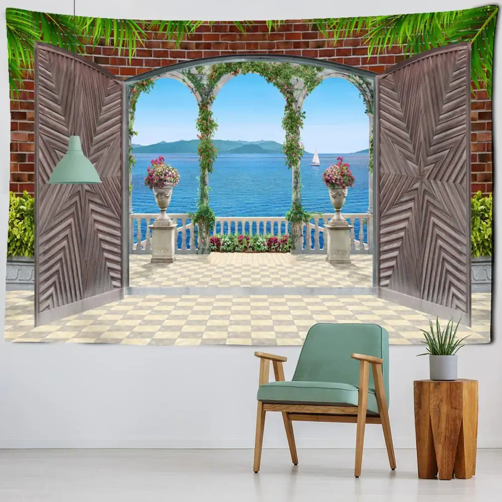 A teal upholstered armchair with light wood legs beside a wooden side table under the decorbites ancient architecture tapestry wall hanging