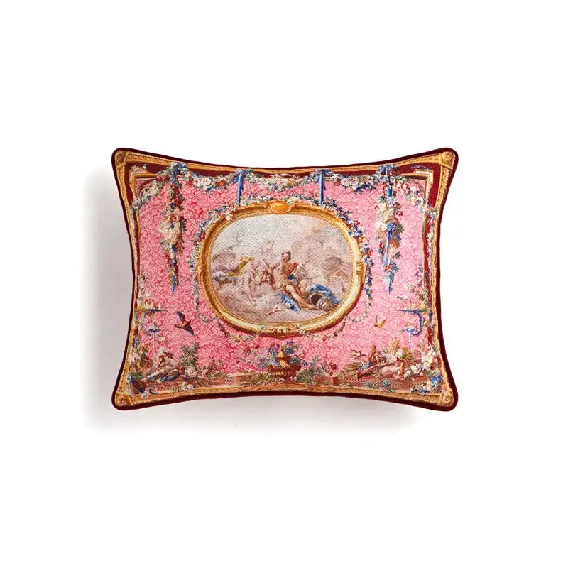 Rectangular pink tapestry cushion cover with ornate gold-framed classical scene for ancient art vintage revival decor