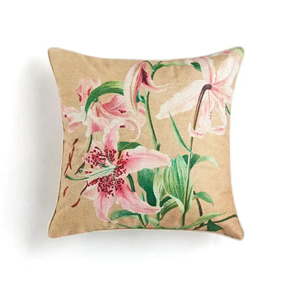 Beige cushion cover with embroidered pink lilies and green stems from DecorBites™ ancient art vintage revival set of 2