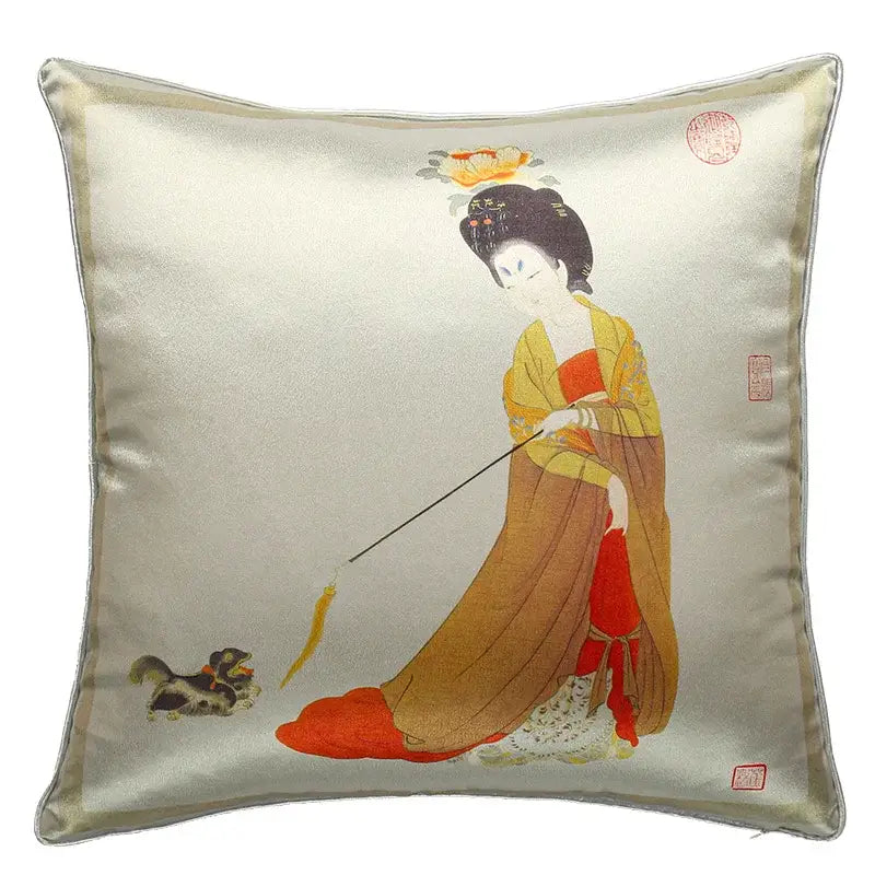 Silver satin throw pillow cover featuring embroidered ancient chinese beauty girl in yellow and red robes with a small dog