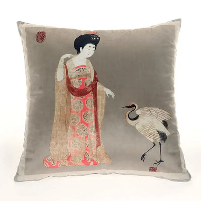 Gray velvet satin throw pillow cover featuring embroidered ancient chinese beauty girl with crane design 45x45cm