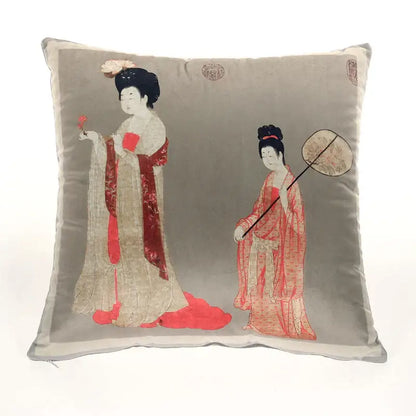 Gray velvet throw pillow cover featuring embroidered ancient chinese beauty girls in flowing red and beige robes