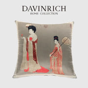 DecorBites™ ancient chinese beauty girl velvet satin throw pillow cover with embroidered classical chinese ladies in red and beige robes on gray background