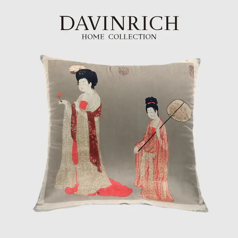 DecorBites™ ancient chinese beauty girl velvet satin throw pillow cover with embroidered classical chinese ladies in red and beige robes on gray background