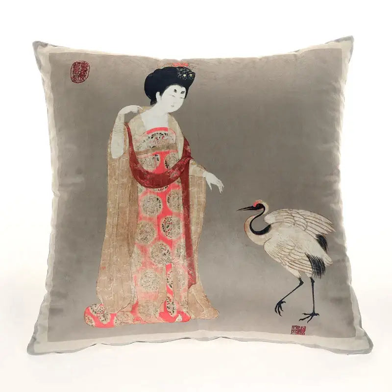 Gray velvet throw pillow cover featuring an embroidered ancient chinese beauty girl with crane design