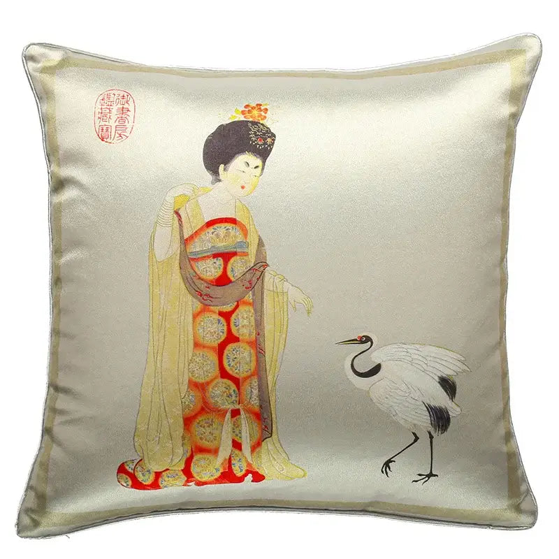 DecorBites™ ancient chinese beauty silver satin pillow with embroidered chinese beauty girl and white crane design