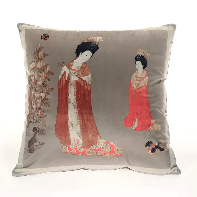 Gray velvet throw pillow cover 45x45cm with embroidered ancient chinese beauty girls in red and gold robes