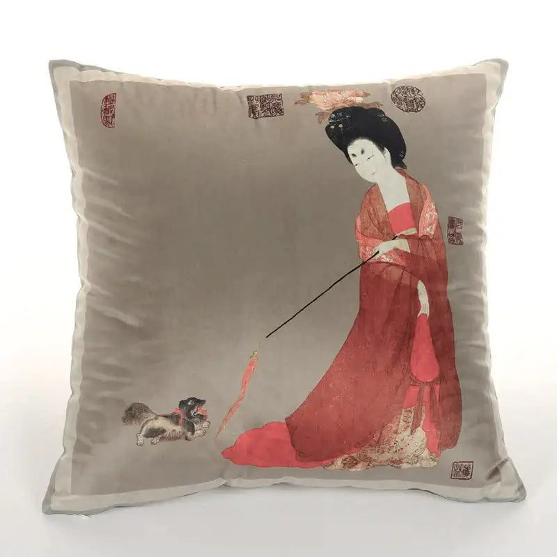 Square velvet satin throw pillow cover featuring an ancient chinese beauty girl in red and gold robes with a small dog
