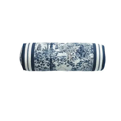 A navy and white striped cylindrical indigo jungle decorative cushion cover with a hand-painted pastoral scene