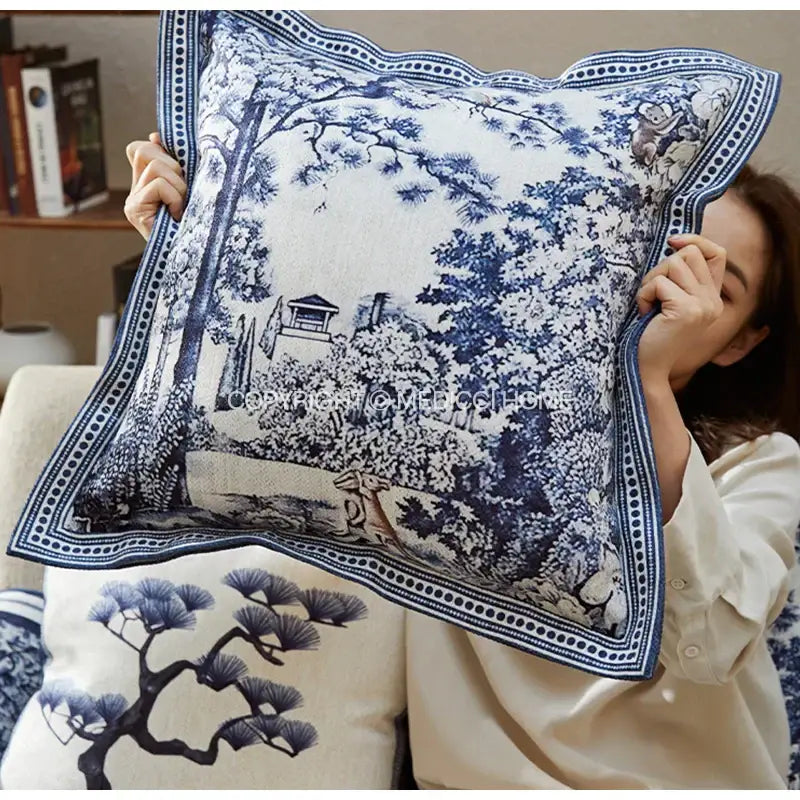 DecorBites™ ancient indigo jungle cushion covers with hand-painted blue and white porcelain indigo jungle decorative motifs