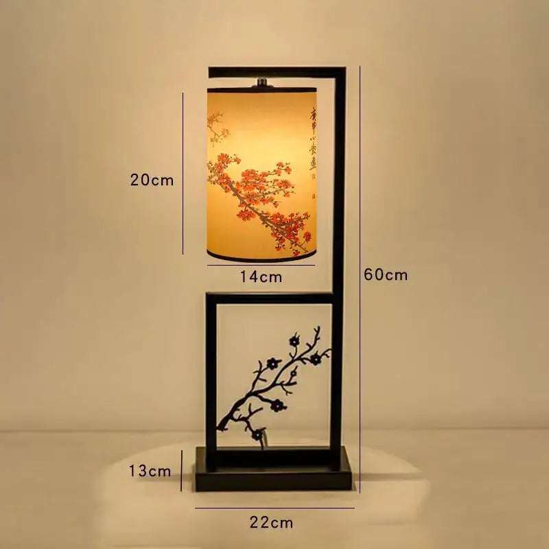DecorBites™ chinese style floor lamp with black frame and warm paper shade featuring ancient plum blossoms and calligraphy