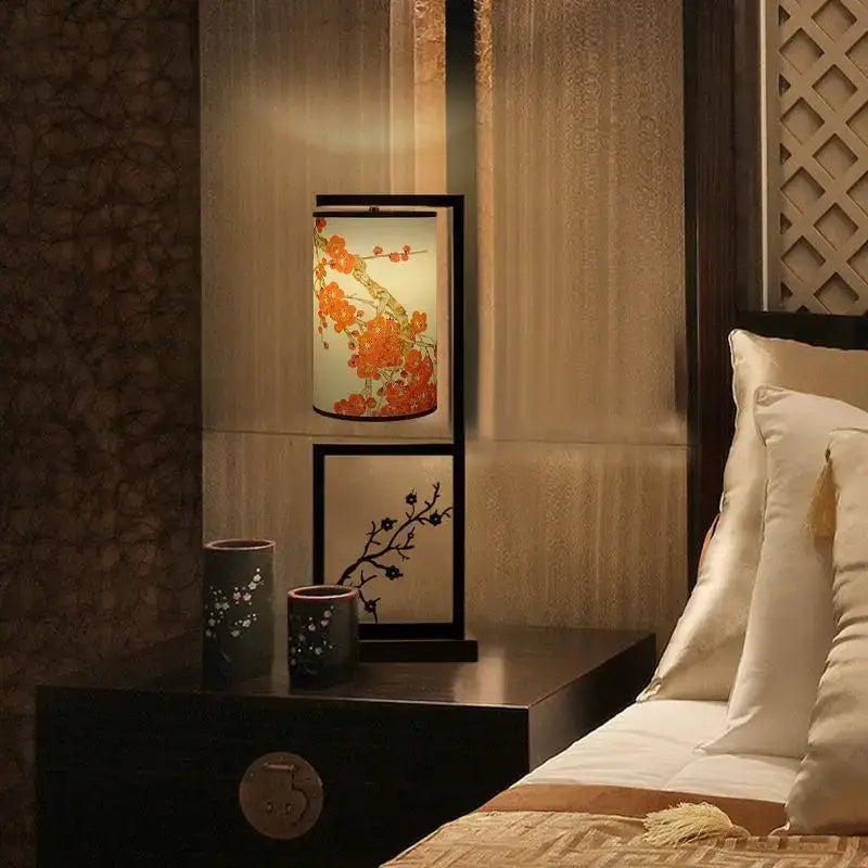 DecorBites™ ancient plum floor lamp with black frame and illuminated shade featuring vibrant orange cherry blossoms in chinese style