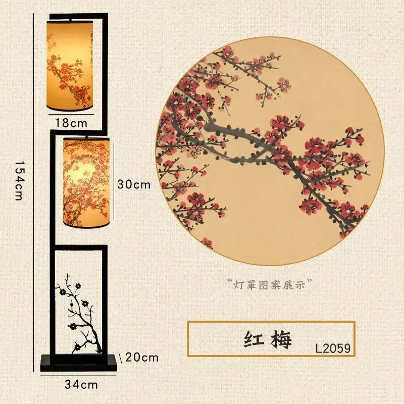 DecorBites™ chinese style floor lamp with black frame and translucent orange fabric featuring ancient plum blossoms