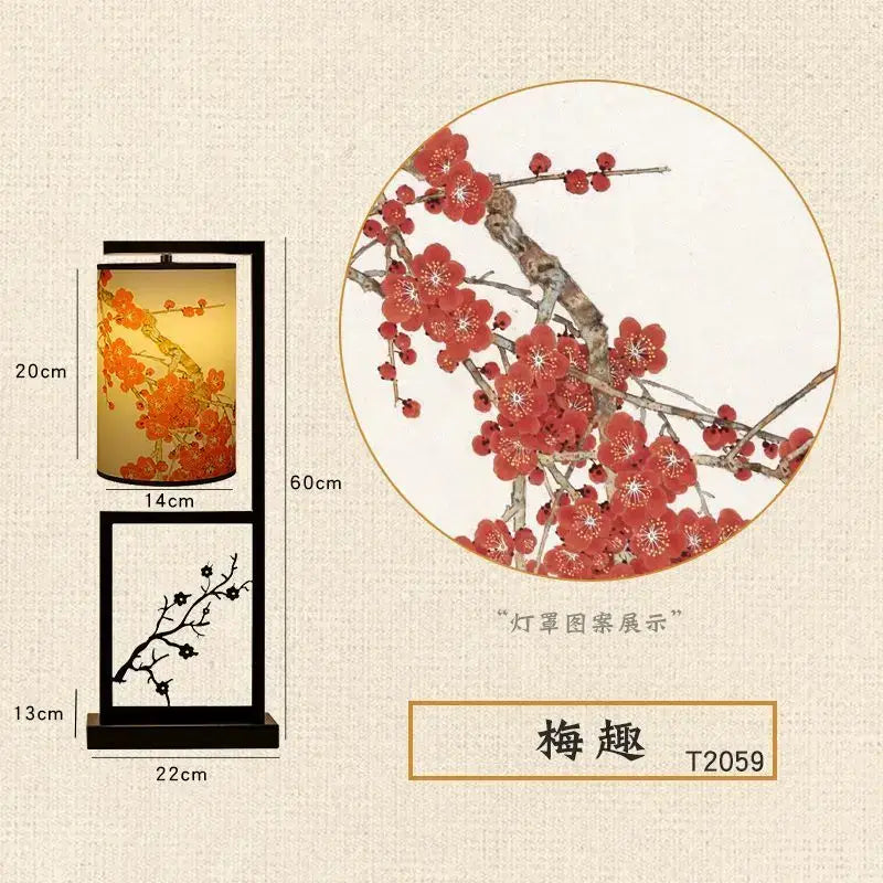 Decorbites™ chinese style floor lamp with black frame and illuminated warm orange and red ancient plum blossom design